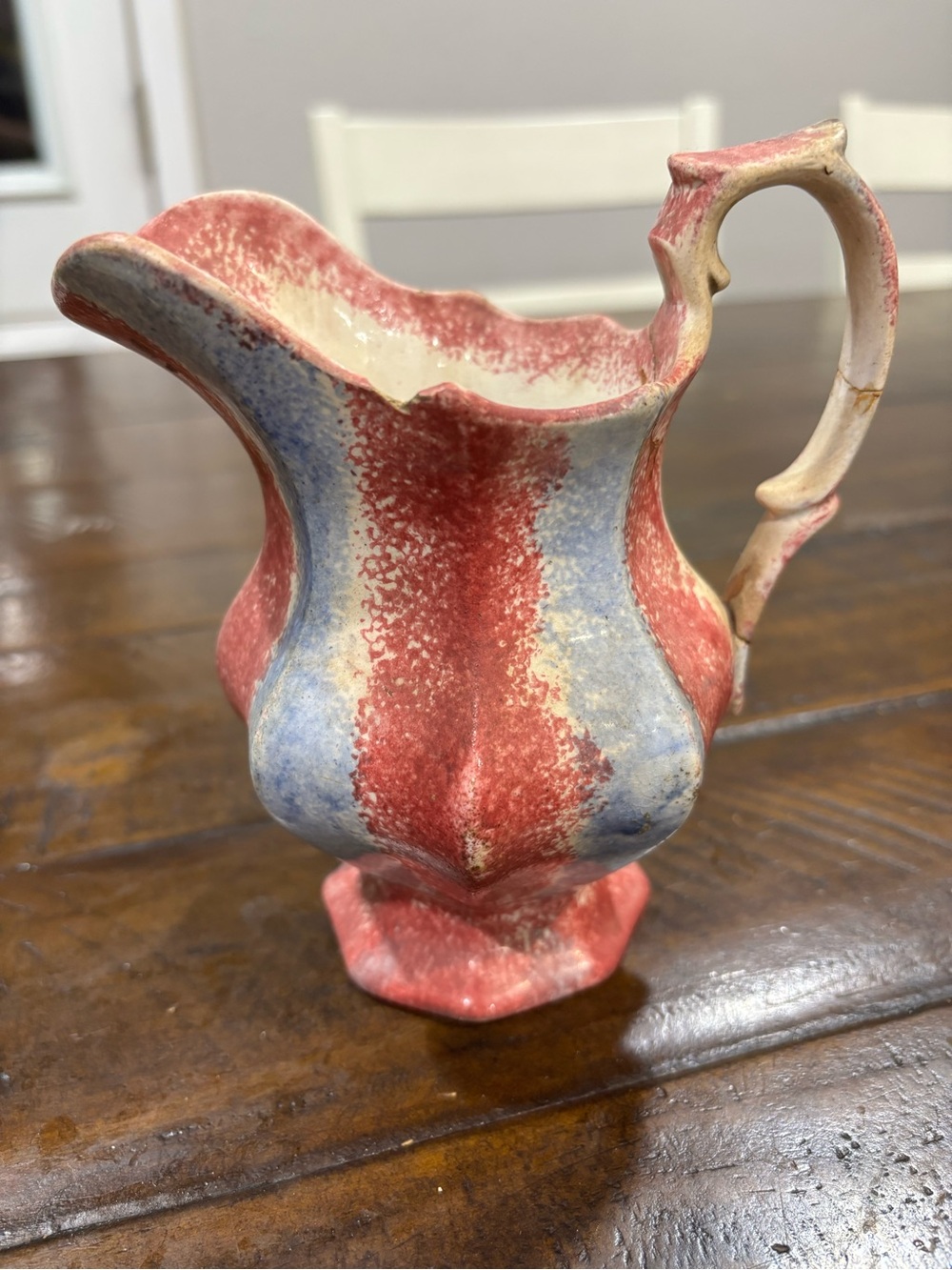 Rare Staffordshire 19th Century Spatterware Ceramic Pitcher in Red and Blue